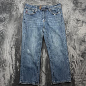 Seven7 Bootcut Jeans Womens 14 Blue Medium Wash Embroidered Pockets Distressed image 1