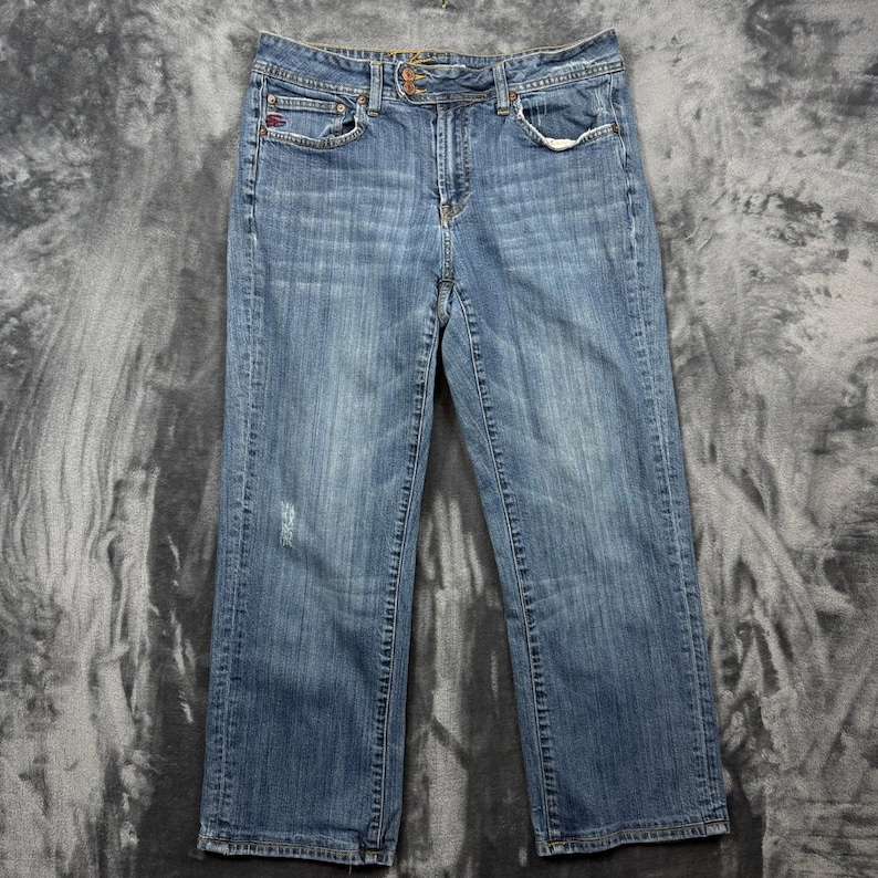 Seven7 Bootcut Jeans Womens 14 Blue Medium Wash Embroidered Pockets Distressed image 1