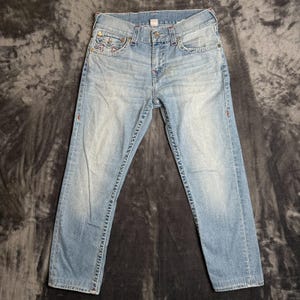 Vintage y2k True Religion Skinny Light Wash Faded Denim Jeans Size 32x26 image 1