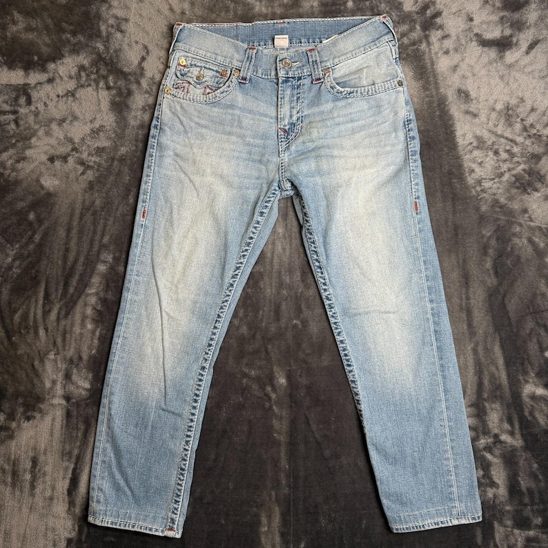 Vintage y2k True Religion Skinny Light Wash Faded Denim Jeans Size 32x26 image 1