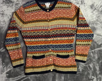 Vintage SKYR Sports Wear Womens Lambs Wool Multi Color Patten Cardigan Size M