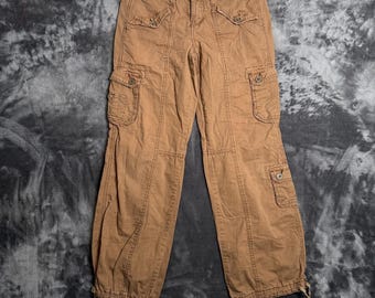 Pantalones cargo Aeroposale estilo vintage Y2K, color marrón, talla 3/4 S para mujer, con múltiples bolsillos.