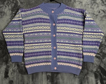 Vintage Fair Isle Knit Cardigan Sweater Purple Blue Green Button Front
