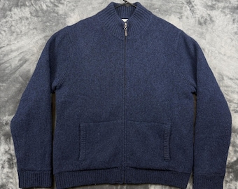 Cardigã masculino L.L. Bean com zíper frontal, tamanho G, em lã de cordeiro azul com forro xadrez, modelo 500921.