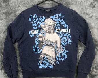 Just Cavalli Sweatshirt Womens Medium Navy Blue Graphic Statue Leopard Print