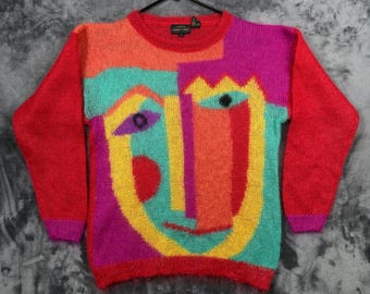 Jeanne Pierre Sweater Womens L Red Multicolor Mohair Abstract Face Vintage Knit