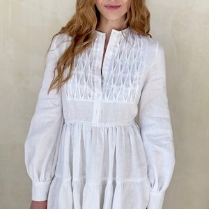 White Linen Dress BELLA,Wedding Dress with Puff Sleeves,Short White Dress