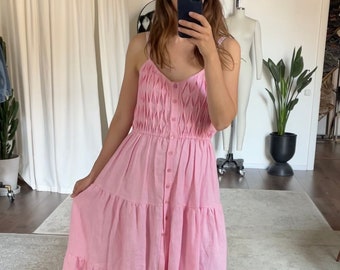 Linen Maxi Dress, Pink wrap dress,Organic Linen Dress with shoulder straps,bridesmaid dress  Rustic Wedding Dress