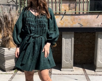 Linen Short Drese PAOLA Emerald Green linen dress puff sleeves,boho bridesmaid dress, Maternity dress