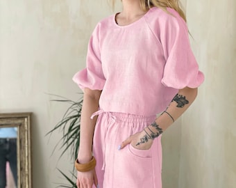 Linen Pink Shirt,Puff Sleeves linen shirt,Reglan sleeve linen top for woman