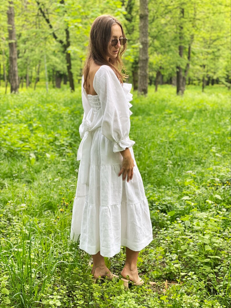 White Linen Skirt,wedding tiered white skirt from natural linen,Long skirt for woman image 5