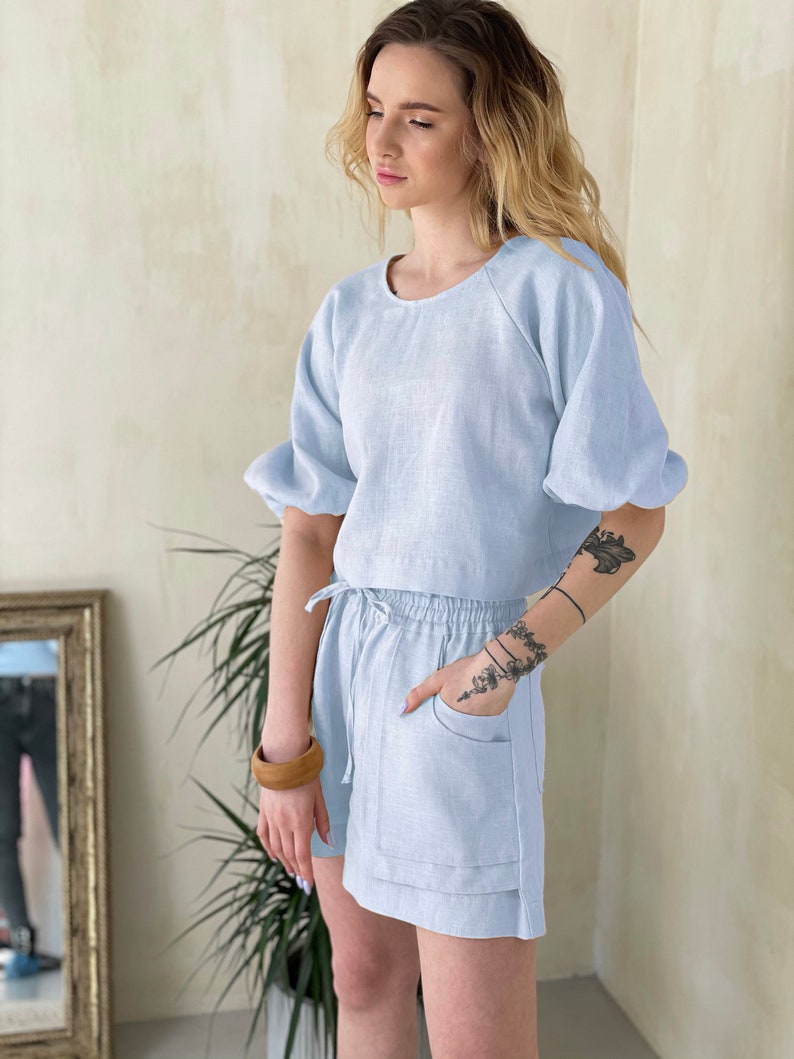 Sky blue Linen set,Loungewear Linen set,summer Linen clothing,bridesmaid set image 1