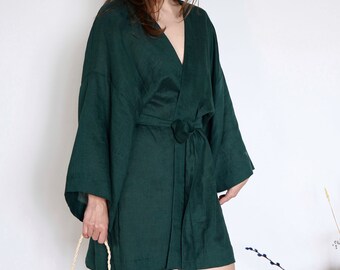 Kimono short robe, Linen robe women, Linen bath robe, Linen kimono dress, Beach robe kimono, Linen beach dress, Linen cover up