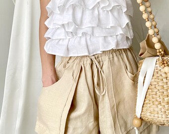 Linen Loose Short,High waist Shorts with Pokets,White Linen shorts,Shorts for woman