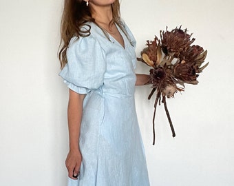 Linen blue dress LUNA, midi dress with puff sleeve sleeves,wrap dress, casual summer dress