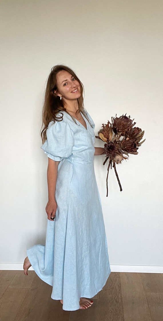 Linen Blue Dress Luna, Midi Dress with Puff Sleeve Sleeves,Wrap Dress
