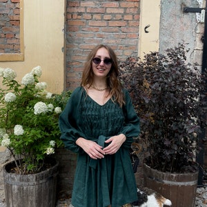 Green Linen Dress,Boho Short Dress, dress with sleeves,Summer dress for woman image 2
