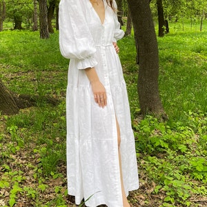 Maxi Linen Dress,White Linen dress,Puff sleeve dress,White dress,cottagecore dress,Bridal linen dress