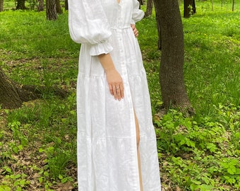 Maxi Linen Dress,White Linen dress,Puff sleeve dress,White dress,cottagecore dress,Bridal linen dress