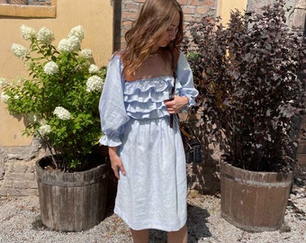 Blue Linen Dress, bridesmaid dress with puff sleeves, engagement dress Off shoulder