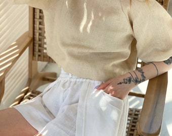 Short taille haute,Short d'été blanc,Short en lin avec poches,Short ample en lin pour femme