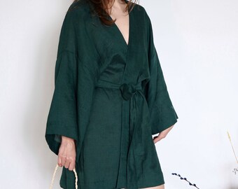 Wrap Linen dress,Long sleeve dress,Summer beach wear,Green linen dress,short dress for women