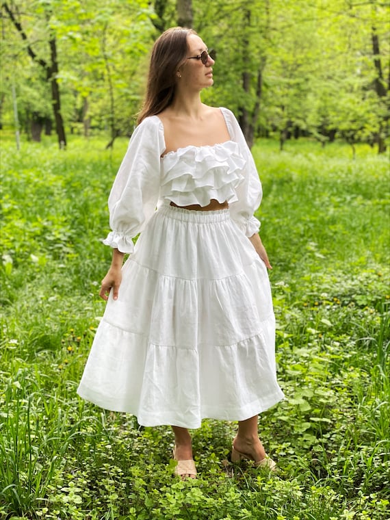 white off the shoulder linen dress linen Wedding Set,off shoulder top with long skirt, Bridal suit,Bridal linen dress,Bridesmaid set,Summer linen suit