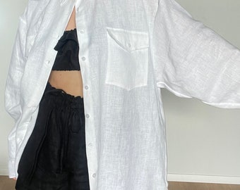 Linen Shirt Dress Oversized Long-Sleeved with Cuffs  Shirt Dress Button Shirt Dress Loose Shirt Dress