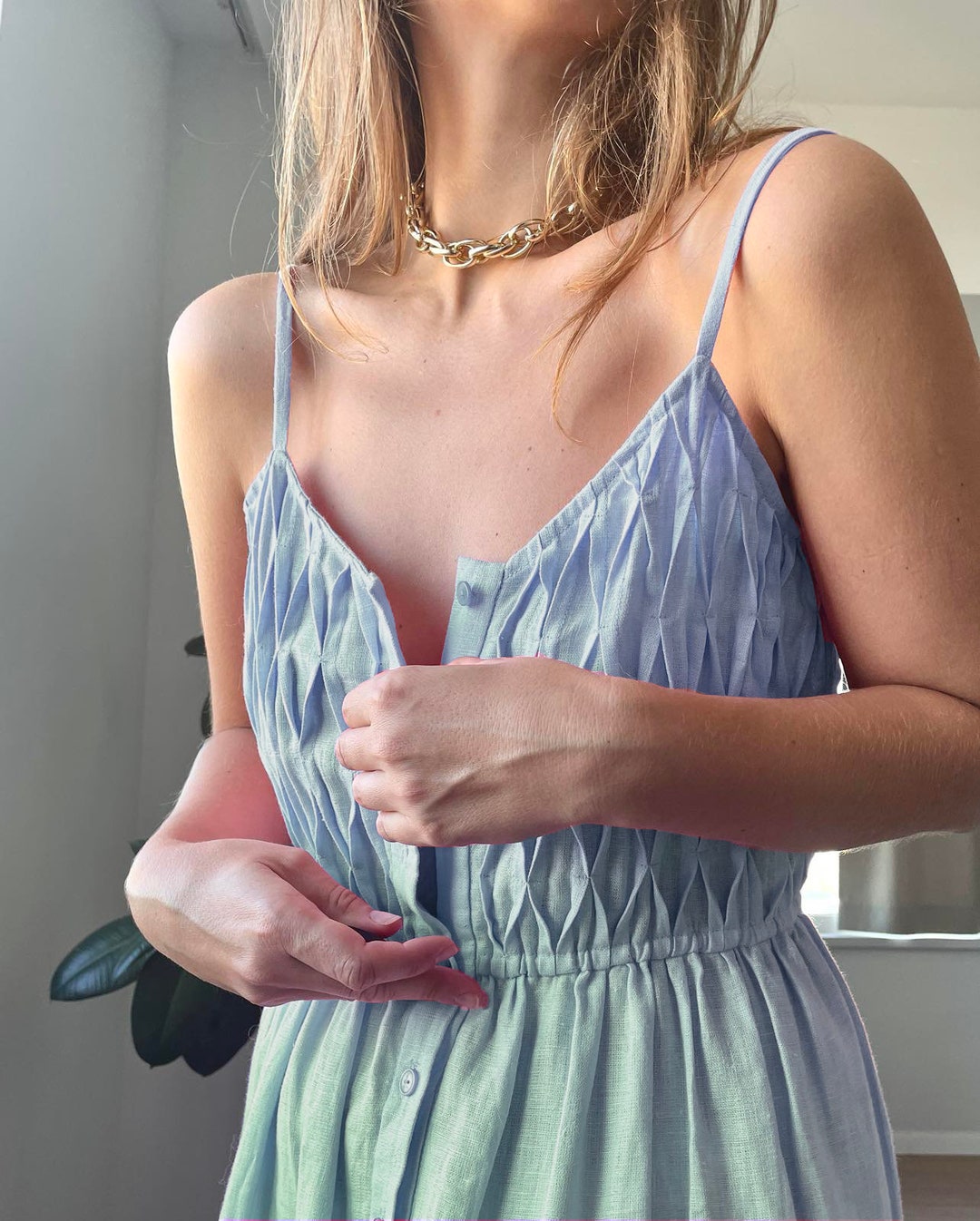 Sky Blue Linen Gingham Dress