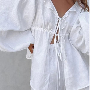 White Linen Set,Puff sleeves blouse, wide Linen shorts,White blouse, blouse with sleeves,Two piece set, summer suit,beach shirt.