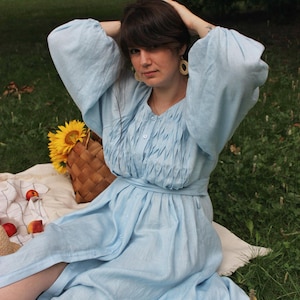 Mathernity Linen Dress,Blue Maxi Dress,Cottagecore Dress with Puff sleeves dress,,Oversize dress,Linen dress