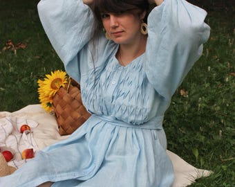 Mathernity Linen Dress,Blue Maxi Dress,Cottagecore Dress with Puff sleeves dress,,Oversize dress,Linen dress