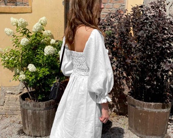 Wedding Linen Dress,White puff sleeve dress,Off- shoulder bridal reception dress