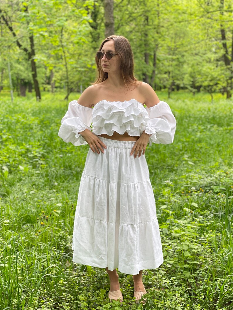 White Linen Skirt,wedding tiered white skirt from natural linen,Long skirt for woman image 7