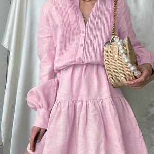 Puff sleeves Dress,Linen Dress,Frolar Pink dress,Cottagecore dress,Rustic linen dress,Vintage linen dress,bridesmaid dress.
