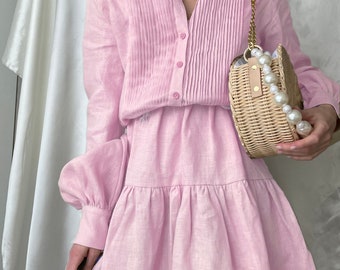 Puff sleeves Dress,Linen Dress,Frolar Pink dress,Cottagecore dress,Rustic linen dress,Vintage linen dress,bridesmaid dress.