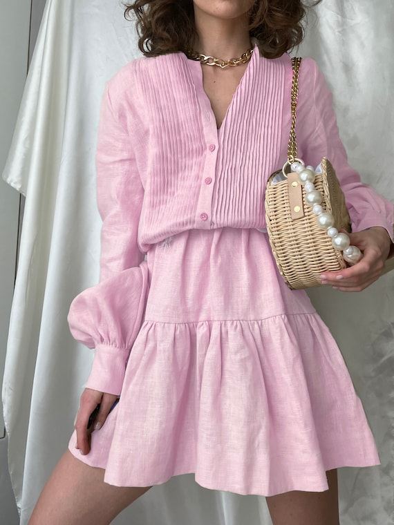 pink linen puff sleeve dress Pink Ruffled Puff Sleeve Linen Mini Dress, Baby Shower Maternity Dress, Bridesmaid Bachelorette Ruffle Short Party Dress
