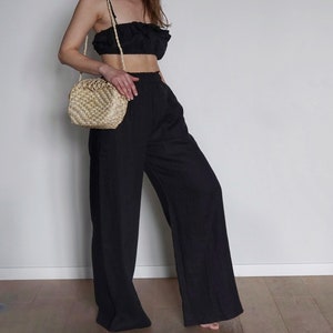 Black Linen Pants,High Waist Trousers with Pockets,Palazzo Trousers, Woman Linen Trousers,Linen Pants