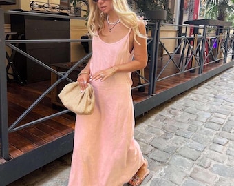 Sleep Dress,Long Sleep Dress, Linen Peach Dress Summer Dress,Engagement Dress,Sleeveless Maxi Dress