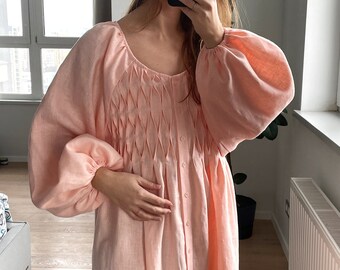 Long dress PAOLA,Meternity Linen dress,Puff sleeves maxi dress,,Linen peach dress,summer long dress