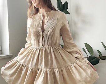 Women's Linen dress,Puff sleeves dress,Dress for every day,casual beige dress