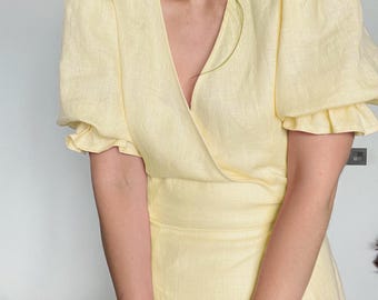 Vestido de lino amarillo, vestido largo de verano, vestido de dama de honor con bolsillos, mangas abullonadas