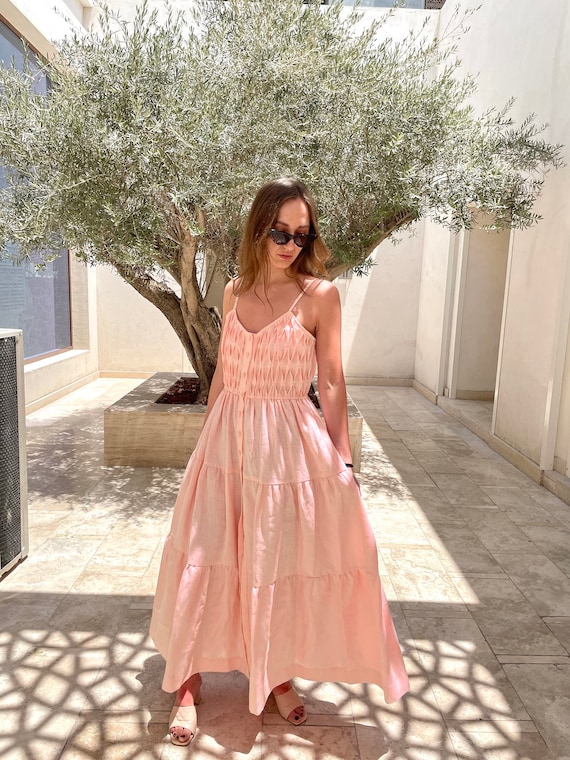 Linen Strap Dress Luisa Maxi Peach Dress,Ankle Length Sleeveless Linen Dress,Summer Dress for Woman,Bridesmaid Dress