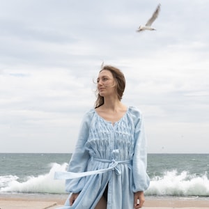 Light blue dress, linen dress, Puff slevees image 1