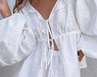 White Linen Set,Puff sleeves blouse, wide Linen pants with pockets White blouse, blouse with sleeves,Two piece set, summer suit,beach shirt.