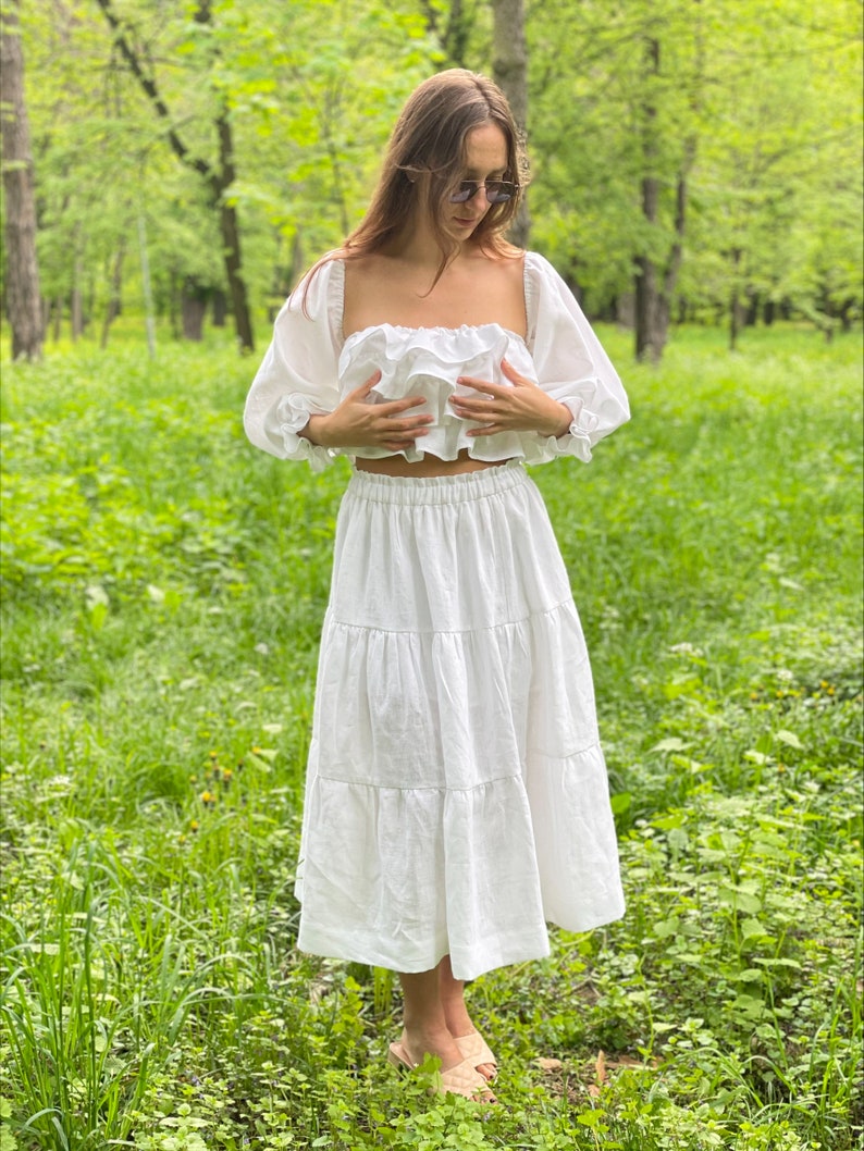 White Linen Skirt,wedding tiered white skirt from natural linen,Long skirt for woman image 2