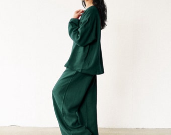 Linen Shirt and Pants, Linen Set Top pants and shirt, WomanGreen Linen set,Summer suit, Linen Woman Clothing, Resort Wear