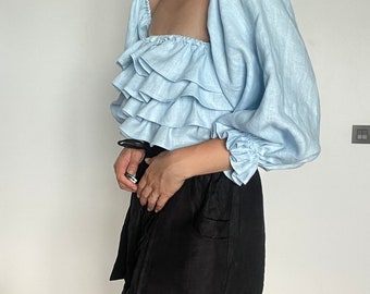 Off Shoulder Linen Top,Summer top with Puff sleeve,Evening top,Linen Shirts