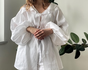 White Linen Set,Puff sleeves blouse, wide Linen pants with pockets White blouse, blouse with sleeves,Two piece set, summer suit,beach shirt.