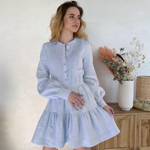 Midi Dress,Linen Blue Dress,Long Sleeve Dress,Dress for Women,Vintage Dress,Engagement Dress,Linen Dress